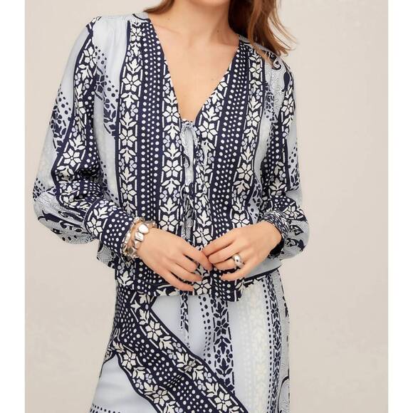 NEW FIFTEEN TWENTY kayla bow detail blouse in multi blue